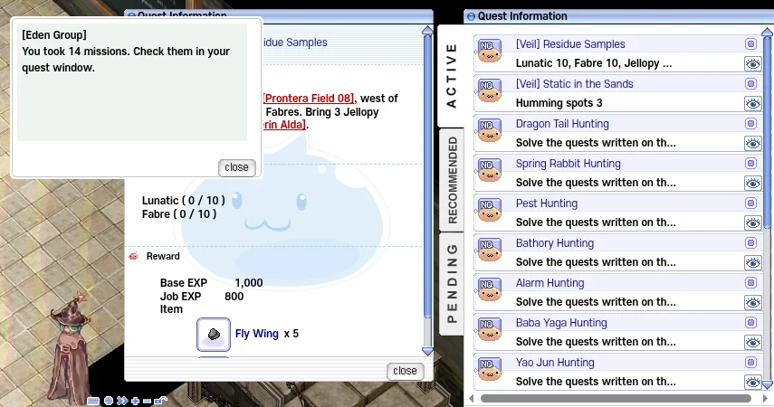 Eden Group dialog "You took 14 missions. Check them in your quest window." next to the quest window listing the hunting missions.