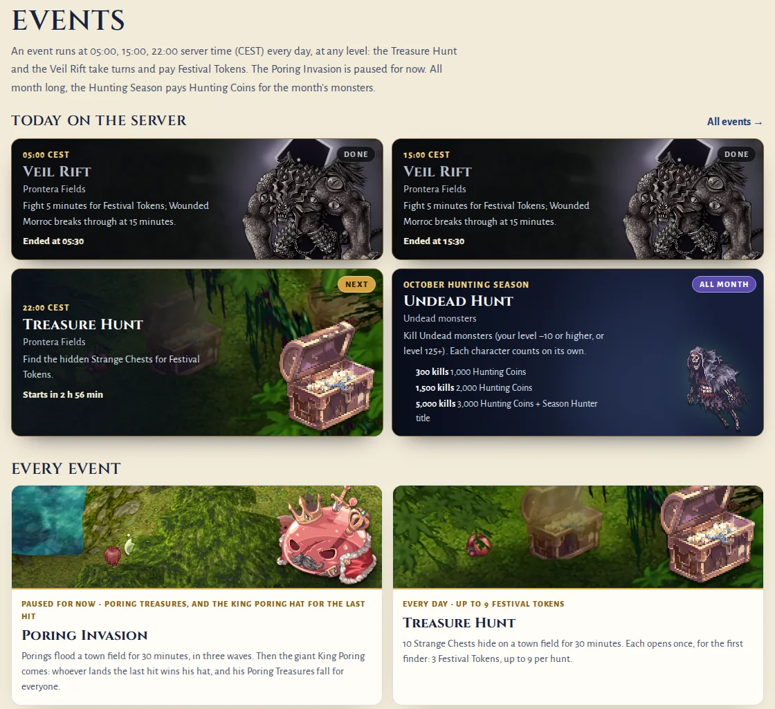Events page of the website: the intro says "The Poring Invasion is paused for now"; cards for today's Veil Rift, Treasure Hunt and Undead Hunt; the Poring Invasion card says "Paused for now".