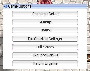 Game Options window with buttons Character Select, Settings, Sound, BM/Shortcut Settings, Full Screen, Exit to Windows, Return to game.