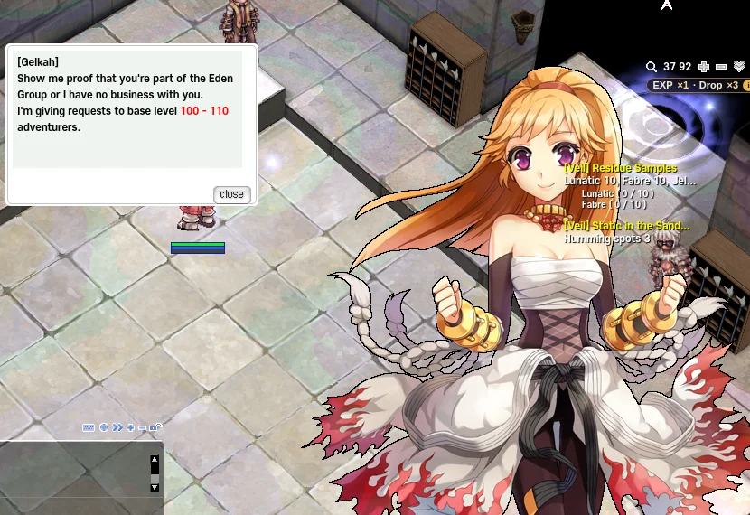 Gelkah's dialog with Gelkah's portrait: "Show me proof that you're part of the Eden Group or I have no business with you. I'm giving requests to base level 100 - 110 adventurers."