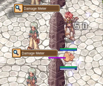 Character attacking a Damage Meter training dummy, damage numbers "50" above it.