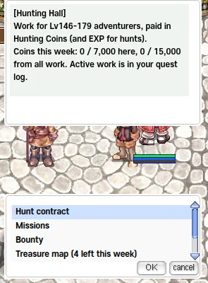 Hunting Hall dialog "Work for Lv146-179 adventurers, paid in Hunting Coins (and EXP for hunts). Coins this week: 0 / 7,000 here, 0 / 15,000 from all work." Menu: "Hunt contract", "Missions", "Bounty", "Treasure map (4 left this week)".