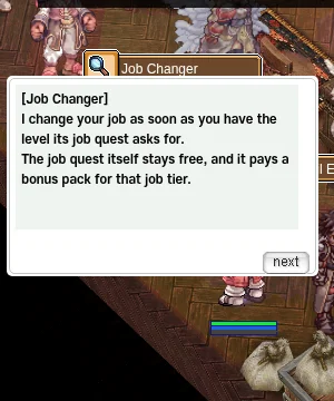Job Changer dialog: "I change your job as soon as you have the level its job quest asks for. The job quest itself stays free, and it pays a bonus pack for that job tier."