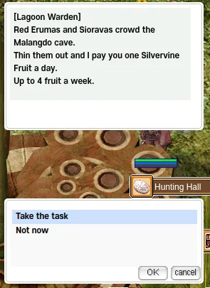 Lagoon Warden dialog: "Red Erumas and Sioravas crowd the Malangdo cave. Thin them out and I pay you one Silvervine Fruit a day. Up to 4 fruit a week." Menu: "Take the task", "Not now".