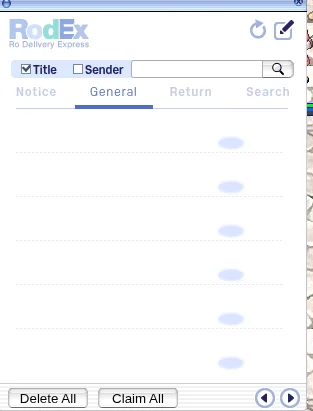 Mail window (RodEx) with the buttons "Delete All" and "Claim All" at the bottom.