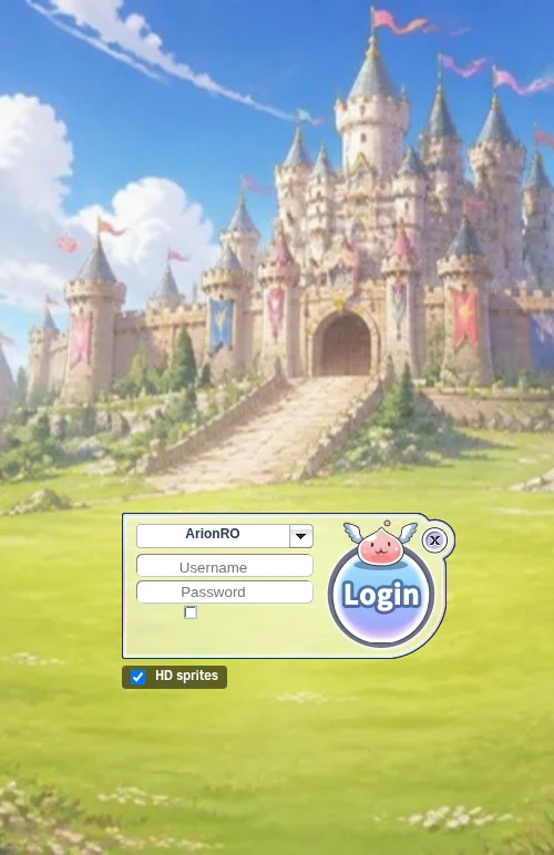The ArionRO login screen at phone size: a castle under a blue sky, the server box 'ArionRO', Username and Password fields, a round Login button and an 'HD sprites' checkbox.