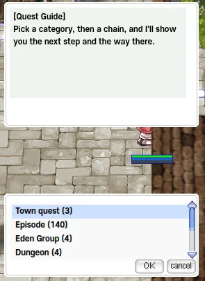 Quest Guide dialog "Pick a category, then a chain, and I'll show you the next step and the way there." Menu: "Town quest (3)", "Episode (140)", "Eden Group (4)", "Dungeon (4)".