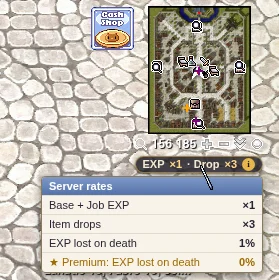 Minimap with the rates pill "EXP ×1 · Drop ×3" and the open "Server rates" card: Base + Job EXP ×1, Item drops ×3, EXP lost on death 1%, Premium: EXP lost on death 0%.