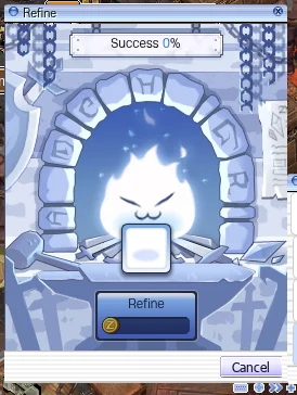 The Refine window: an empty item slot under 'Success 0%', a Refine button and a Cancel button.