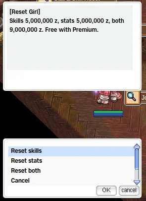 Reset Girl dialog "Skills 5,000,000 z, stats 5,000,000 z, both 9,000,000 z. Free with Premium." Menu: "Reset skills", "Reset stats", "Reset both", "Cancel".