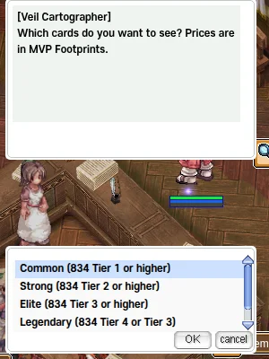 Veil Cartographer dialog with text "Which cards do you want to see? Prices are in MVP Footprints." and menu options: Common (834 Tier 1 or higher), Strong (834 Tier 2 or higher), Elite (834 Tier 3 or higher), Legendary (834 Tier 4 or Tier 3).