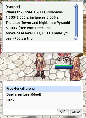Warper dialog with the travel prices and a menu: "Free-for-all arena", "Duel area (use @duel)", "Back".