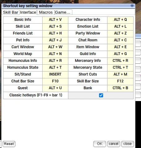 Shortcut key setting window table; the row "World Map" shows "ALT + N".