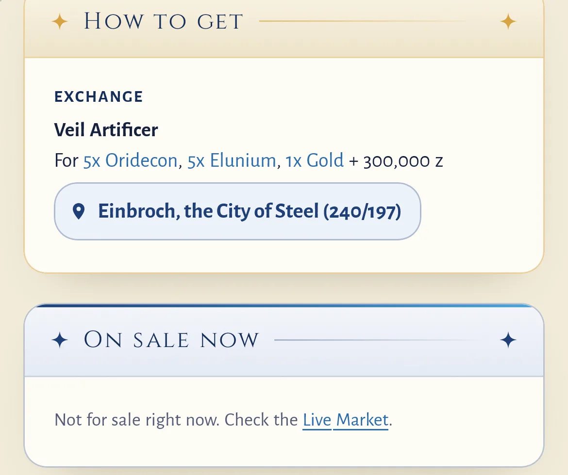 The How to get box on the Black Feather's page: Exchange, Veil Artificer, for 5x Oridecon, 5x Elunium, 1x Gold + 300,000 z, Einbroch, the City of Steel (240/197).
