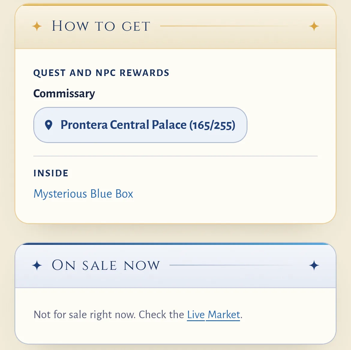 The How to get box on the Abusive Robe's page: Quest and NPC rewards, Commissary, Prontera Central Palace (165/255), and Inside: Mysterious Blue Box.