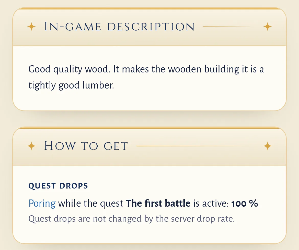 The Wood item page on an iPhone: the In-game description box, the How to get box with the Poring quest drop, and the On sale now box.