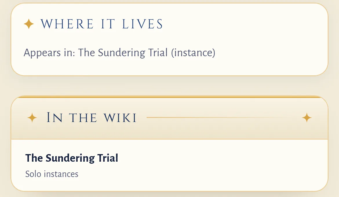 The Where it lives box on the Rift Matriarch's page: Appears in: The Sundering Trial (instance), with The Sundering Trial wiki page under it.