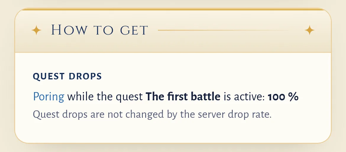 The How to get box on the Wood page: Quest drops, Poring while the quest The first battle is active: 100 %, and the note that quest drops are not changed by the server drop rate.