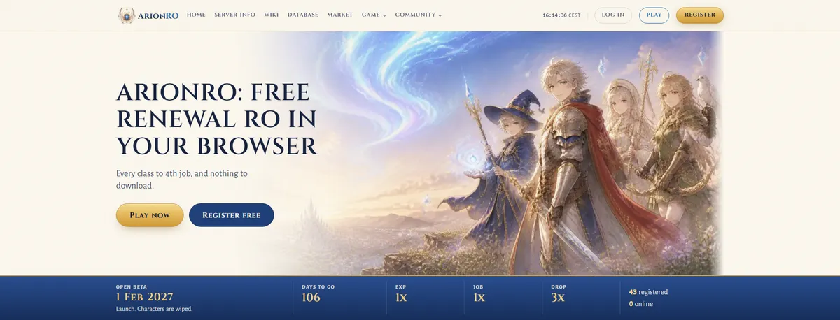 The home page on a 1924 px wide screen: the menu with Market next to Database, the title ArionRO: Free Renewal RO in your browser, and the four heroes in full on the right.