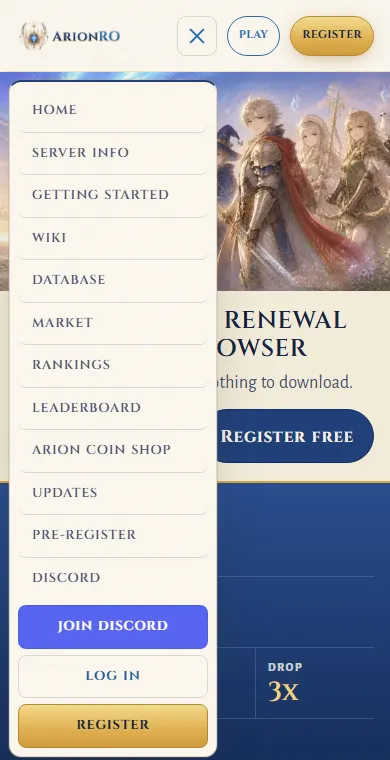 The open phone menu: Home, Server Info, Getting Started, Wiki, Database, Market, Rankings and more.
